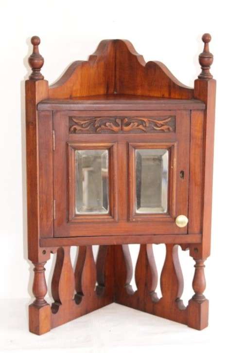 A stunning antique solid oak bathroom corner vanity cabinet w/ bevelled mirrors and carved detailing