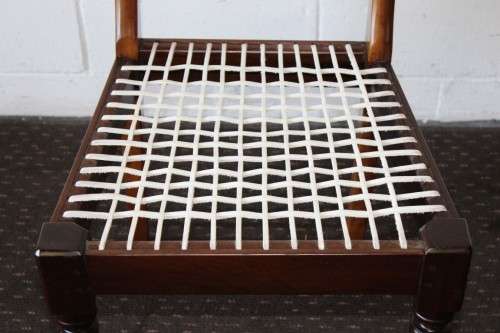 **RS17** Beautifully made solid imbuia riempie chair w/ white leather riempies & turned front legs