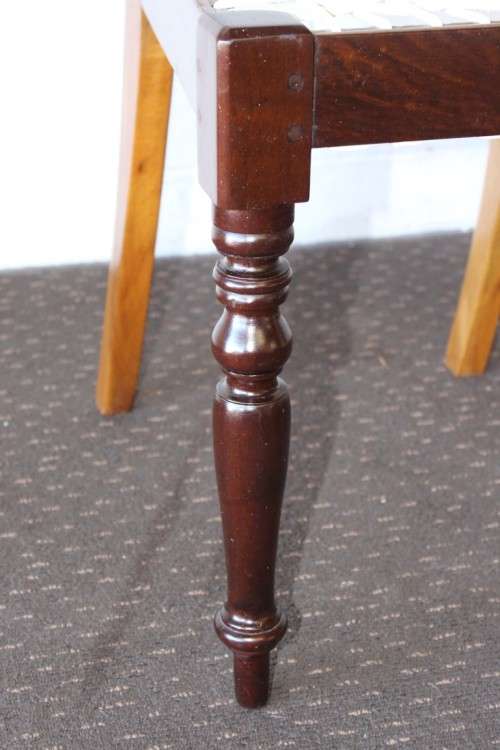 **RS17** Beautifully made solid imbuia riempie chair w/ white leather riempies & turned front legs