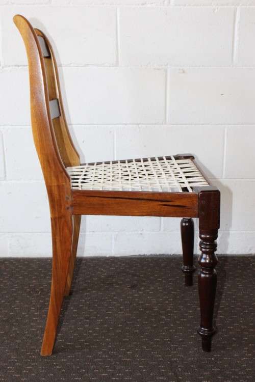 **RS17** Beautifully made solid imbuia riempie chair w/ white leather riempies & turned front legs