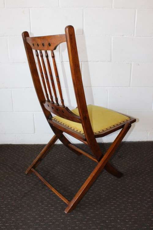 **RS17_Clearance** Antique Victorian solid teak folding chair w/ upholstered seat & spindle backrest