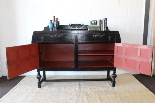 **RS17_Clearance** Gorgeous black Oriental sideboard/ buffet w/ styled handles & hinges & cupboards