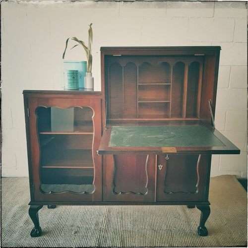 **RS17_Clearance** Beautiful Imbuia ball & claw fall-front display/ drinks cabinet w/ glass door