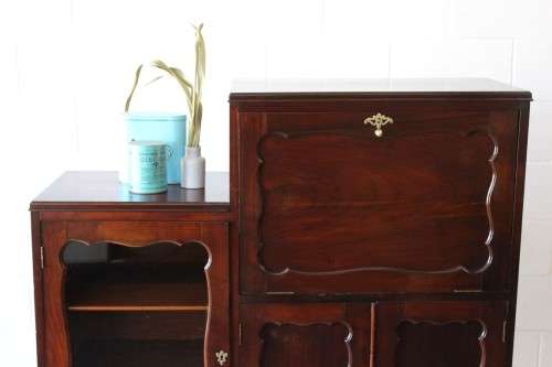 **RS17_Clearance** Beautiful Imbuia ball & claw fall-front display/ drinks cabinet w/ glass door