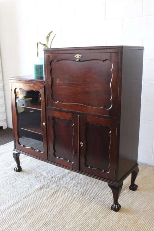 **RS17_Clearance** Beautiful Imbuia ball & claw fall-front display/ drinks cabinet w/ glass door