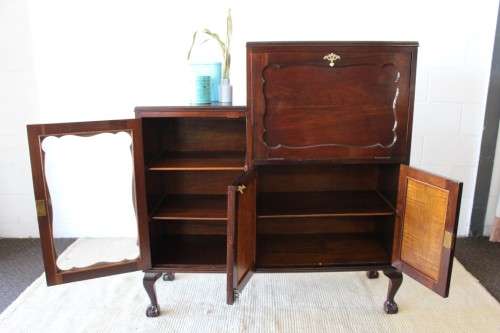 **RS17_Clearance** Beautiful Imbuia ball & claw fall-front display/ drinks cabinet w/ glass door
