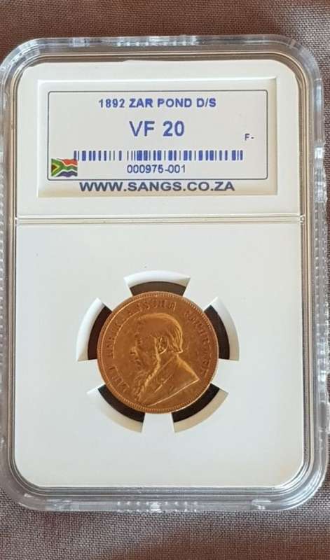 An extremely rare 1892 ZAR 1 pond "Double-Shaft" Kruger Pond with a SANGS VF20 grading