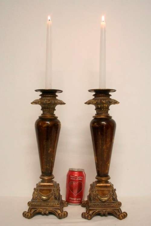 A pair of tall ornate vintage "Baroque" styled moulded resin and glass candle stick holders