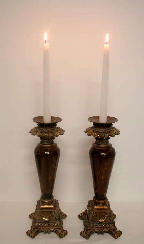 A pair of tall ornate vintage "Baroque" styled moulded resin and glass candle stick holders