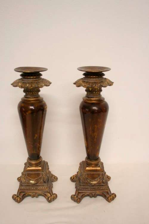 A pair of tall ornate vintage "Baroque" styled moulded resin and glass candle stick holders