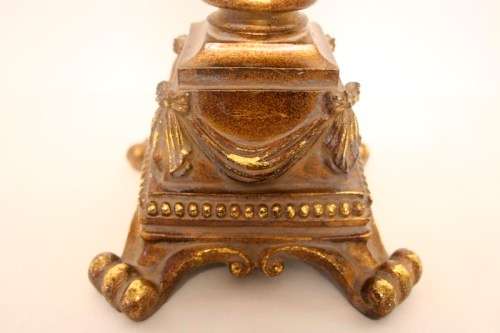 A pair of tall ornate vintage "Baroque" styled moulded resin and glass candle stick holders