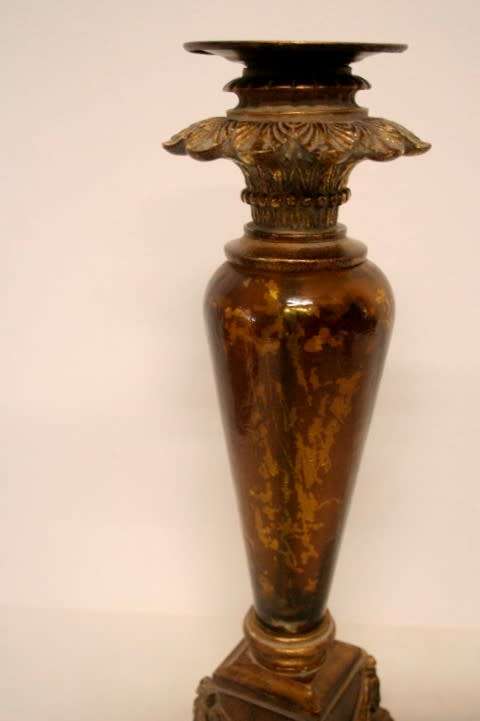 A pair of tall ornate vintage "Baroque" styled moulded resin and glass candle stick holders
