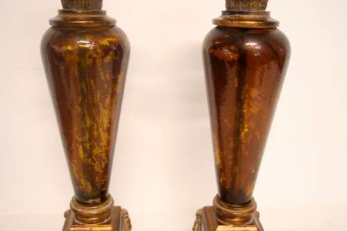 A pair of tall ornate vintage "Baroque" styled moulded resin and glass candle stick holders
