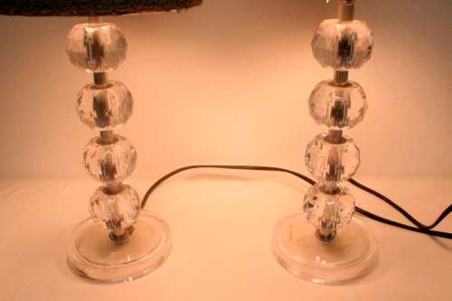 Two lovely table lamps with gorgeous lampshades and glass like bases; Stunning in all living areas!