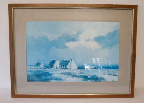 **RS17** A beautiful signed "Wessel Marais" print framed W/ glass in a wood frame of seaside houses.