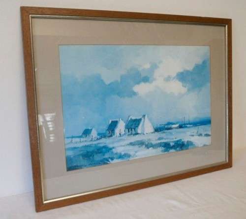 **RS17** A beautiful signed "Wessel Marais" print framed W/ glass in a wood frame of seaside houses.