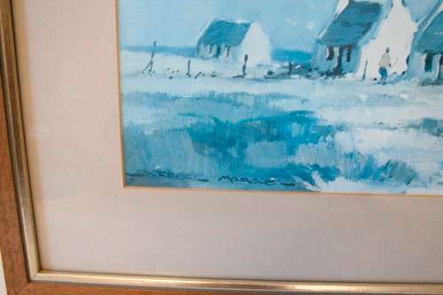 **RS17** A beautiful signed "Wessel Marais" print framed W/ glass in a wood frame of seaside houses.