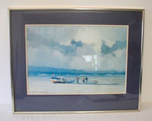 **RS17** A beautiful signed "Wessel Marais" print framed behind glass of fisherman with nets.