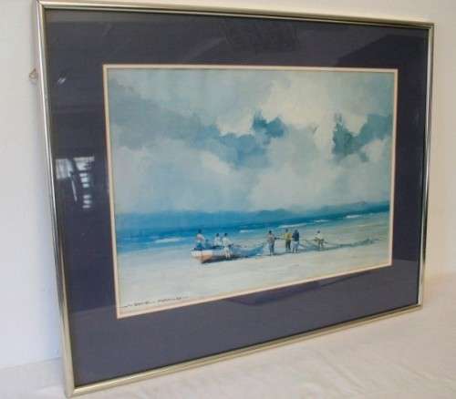 **RS17** A beautiful signed "Wessel Marais" print framed behind glass of fisherman with nets.
