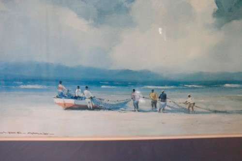 **RS17** A beautiful signed "Wessel Marais" print framed behind glass of fisherman with nets.