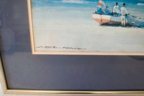 **RS17** A beautiful signed "Wessel Marais" print framed behind glass of fisherman with nets.