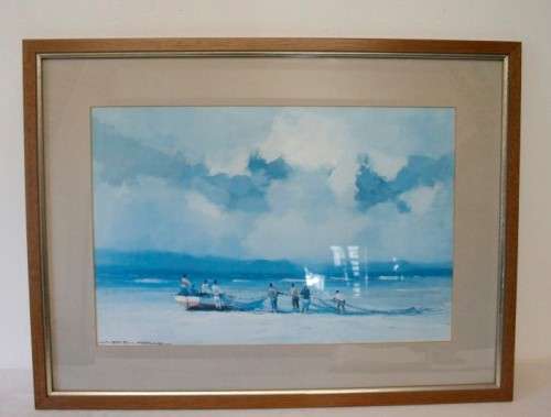 **RS17** A signed "Wessel Marais" print framed behind glass in a wood frame of fisherman with nets.