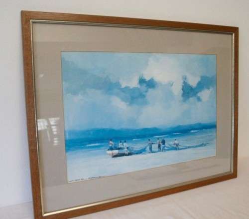 **RS17** A signed "Wessel Marais" print framed behind glass in a wood frame of fisherman with nets.