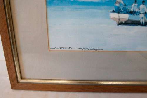 **RS17** A signed "Wessel Marais" print framed behind glass in a wood frame of fisherman with nets.