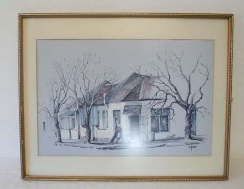 **RS17** A beautiful signed "Ted Hoefsloot" print framed behind glass of a scene of houses.