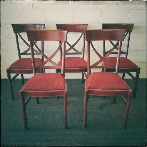 Wonderful vintage Mahogany "cross back" dining chairs with deep red upholstery - price/chair