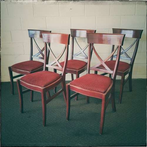 Wonderful vintage Mahogany "cross back" dining chairs with deep red upholstery - price/chair