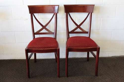 Wonderful vintage Mahogany "cross back" dining chairs with deep red upholstery - price/chair