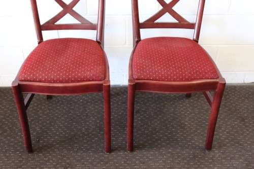 Wonderful vintage Mahogany "cross back" dining chairs with deep red upholstery - price/chair