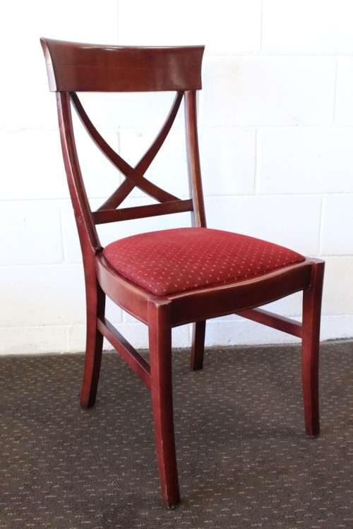 Wonderful vintage Mahogany "cross back" dining chairs with deep red upholstery - price/chair