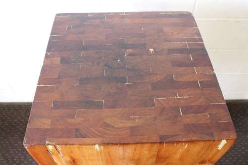 An incredible and solidly made vintage solid wooden mobile butchers chopping block on castors - wow!