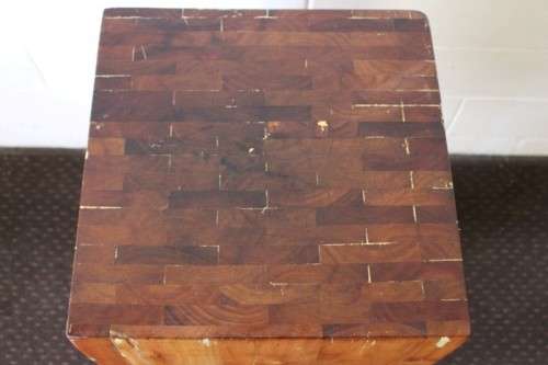 An incredible and solidly made vintage solid wooden mobile butchers chopping block on castors - wow!