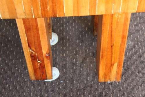 An incredible and solidly made vintage solid wooden mobile butchers chopping block on castors - wow!
