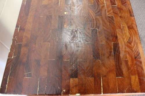 An incredible and solidly made vintage solid wooden mobile butchers chopping block on castors - wow!
