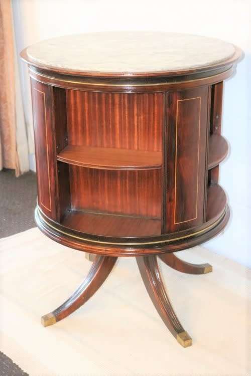 An superb Edwardian (c1910) Mahogany rotating bookcase w/ a solid marble top & marquetry inlays!!