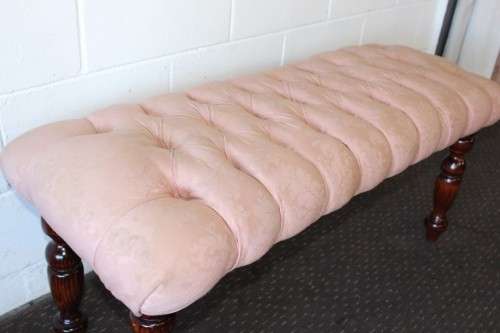 A beautiful vintage Victorian-styled deep-button "bed end" bench upholstered in a dusty pink fabric!