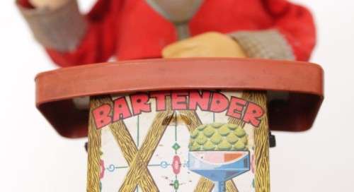 An incredible & rare vintage (c1962) Japanese made "Nomaru T.N" battery powered "Bartender" tin toy