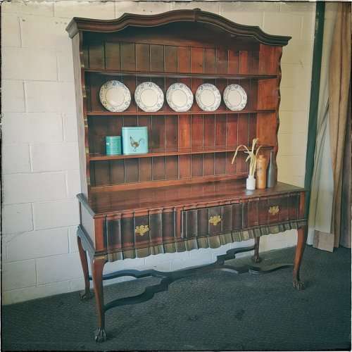A spectacular solid Imbuia "gabled" display buffet server with cutlery drawers & spacious shelves!