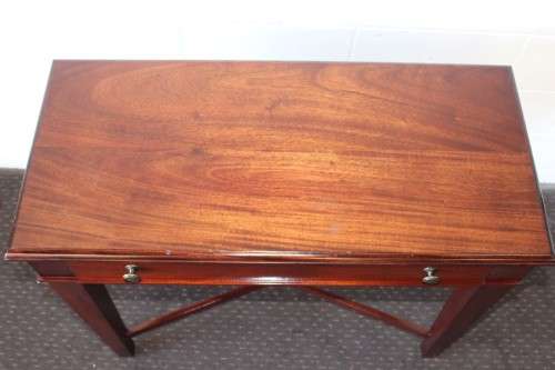 An incredible stylish "Benchmark Wood Classics" one-drawer Mahogany console table w fall-down door