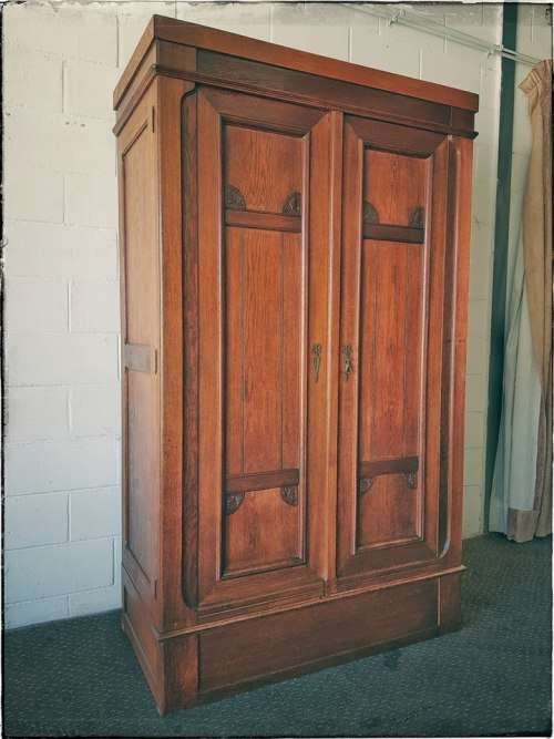 **RS17_Clearance** Antique Edwardian double-door wardrobe w/ hand carvings and brass embellishments