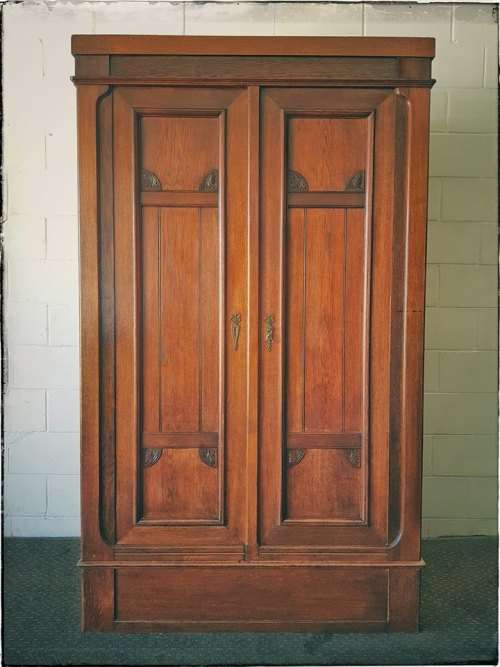 **RS17_Clearance** Antique Edwardian double-door wardrobe w/ hand carvings and brass embellishments