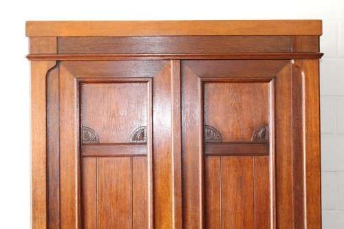 **RS17_Clearance** Antique Edwardian double-door wardrobe w/ hand carvings and brass embellishments