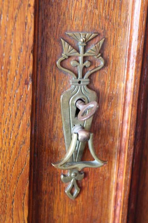 **RS17_Clearance** Antique Edwardian double-door wardrobe w/ hand carvings and brass embellishments
