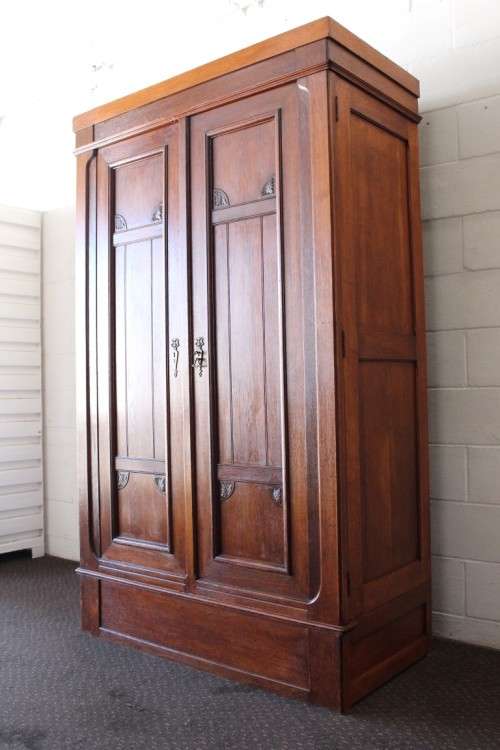 **RS17_Clearance** Antique Edwardian double-door wardrobe w/ hand carvings and brass embellishments