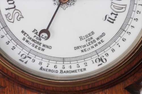 An incredible (large) antique (c1926) hand carved enamel-face wall Barometer and thermometer