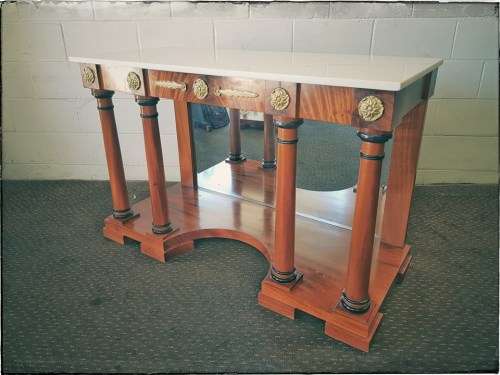 Magnificent original Pierre Cronje bespoke Yew wood console tables w/ white granite tops - RS17Sale